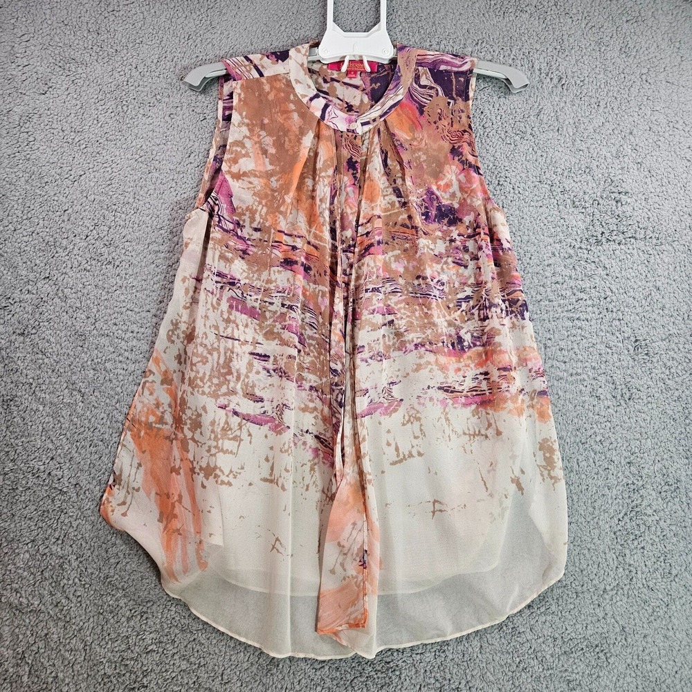 Catherine Sleeveless Top Womens Size 6 Semi Sheer Button Up Multi Layer Abstract